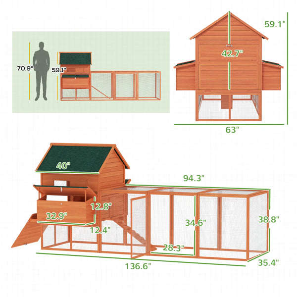 Chicken Coop Kit 137" with Run, Ramp, and 2 Nesting Boxes, Natural Fir Wood, 6 Chickens Max